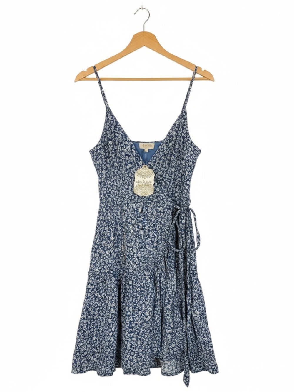 altar’s state blue & white ditsy floral wrap mini dress